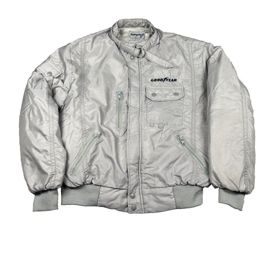 Vintage Swingster Goodyear Racing Windbreaker Men's L Gray Nylon USA Made